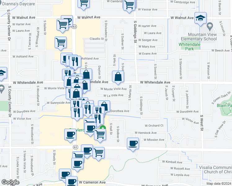 map of restaurants, bars, coffee shops, grocery stores, and more near 1524 West La Vida Avenue in Visalia