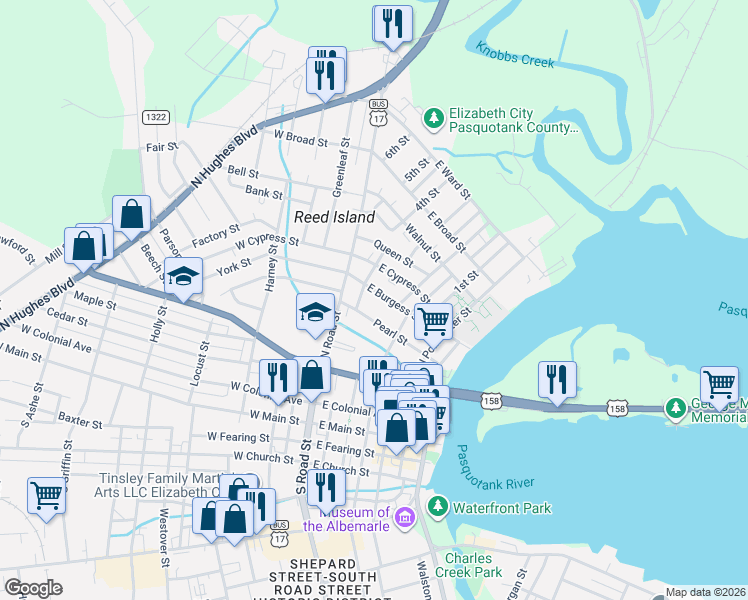 map of restaurants, bars, coffee shops, grocery stores, and more near 209 East Burgess Street in Elizabeth City