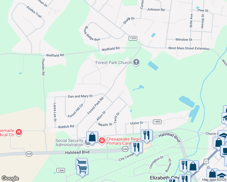map of restaurants, bars, coffee shops, grocery stores, and more near 414 Forest Park Rd in Elizabeth City