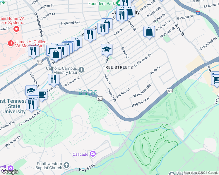 map of restaurants, bars, coffee shops, grocery stores, and more near 120 Boyd Street in Johnson City