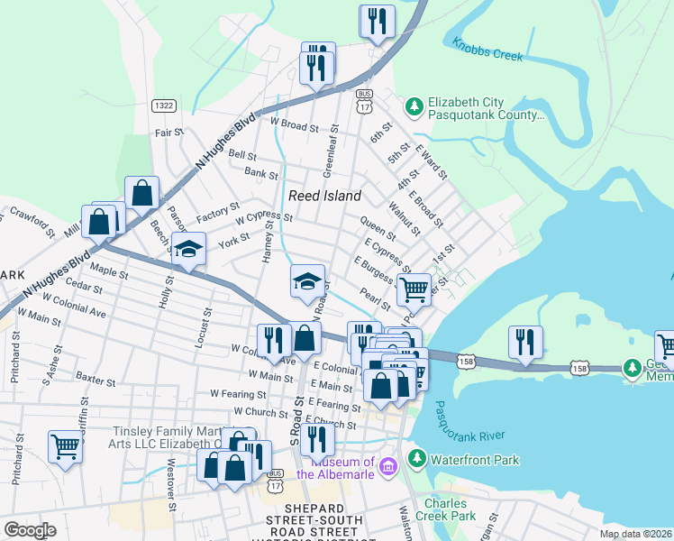map of restaurants, bars, coffee shops, grocery stores, and more near 501 North Road Street in Elizabeth City
