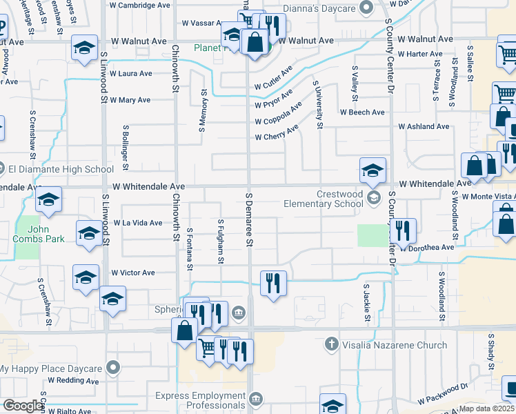 map of restaurants, bars, coffee shops, grocery stores, and more near 3625 West Monte Vista Court in Visalia