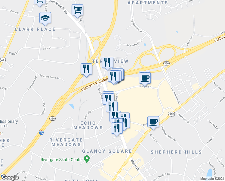 map of restaurants, bars, coffee shops, grocery stores, and more near 752 Rivergate Parkway in Goodlettsville