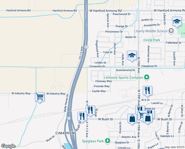 map of restaurants, bars, coffee shops, grocery stores, and more near 1758 Fortress Way in Lemoore