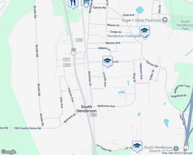 map of restaurants, bars, coffee shops, grocery stores, and more near 344 Yancey Lane in Henderson