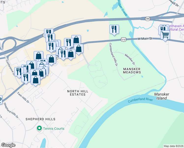 map of restaurants, bars, coffee shops, grocery stores, and more near 100 Riverchase Boulevard in Nashville