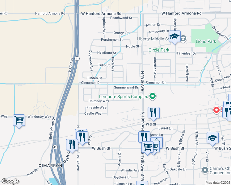 map of restaurants, bars, coffee shops, grocery stores, and more near 1434 Monarch Drive in Lemoore