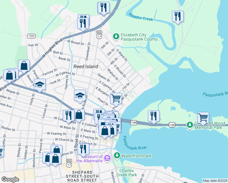 map of restaurants, bars, coffee shops, grocery stores, and more near 704 North Martin Luther King junior Drive in Elizabeth City