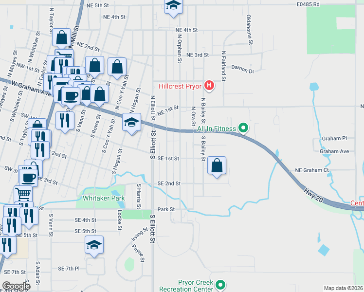 map of restaurants, bars, coffee shops, grocery stores, and more near 15 South Orphan Street in Pryor