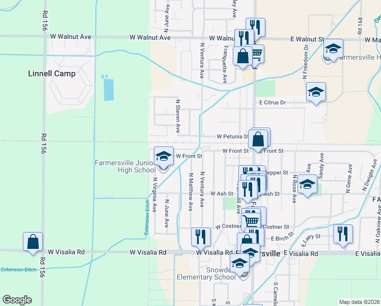map of restaurants, bars, coffee shops, grocery stores, and more near 642 West Front Street in Farmersville