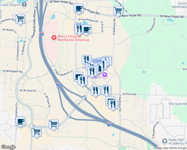 map of restaurants, bars, coffee shops, grocery stores, and more near 2203 South Promenade Boulevard in Rogers