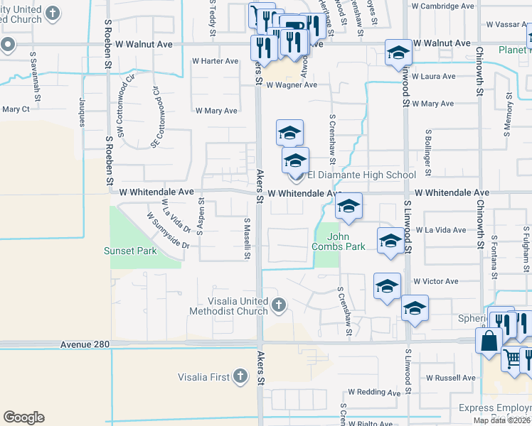 map of restaurants, bars, coffee shops, grocery stores, and more near 2903 South Avocado Court in Visalia