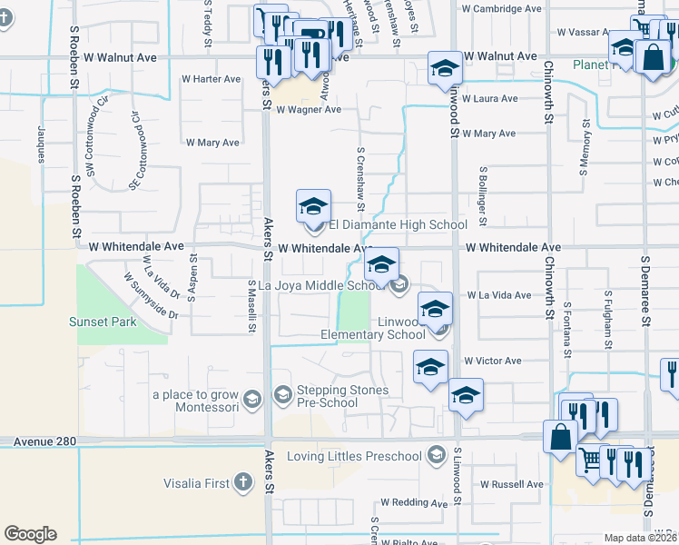 map of restaurants, bars, coffee shops, grocery stores, and more near 2901 South Covington Court in Visalia