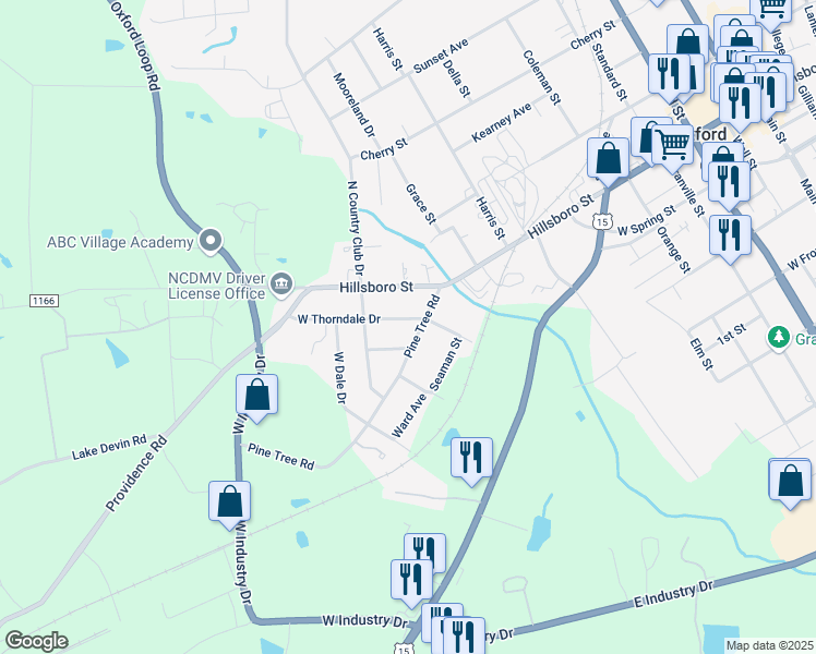 map of restaurants, bars, coffee shops, grocery stores, and more near 103 West Thorndale Drive in Oxford