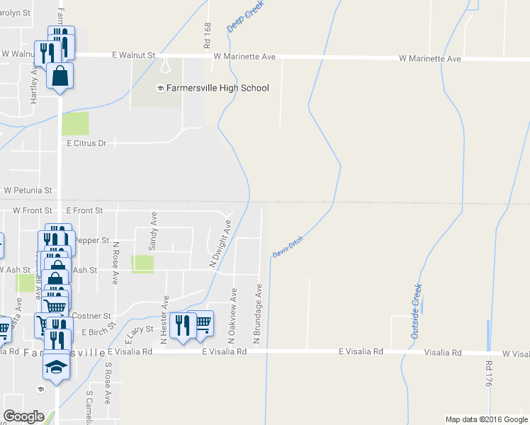 map of restaurants, bars, coffee shops, grocery stores, and more near 852 North Brundage Avenue in Farmersville