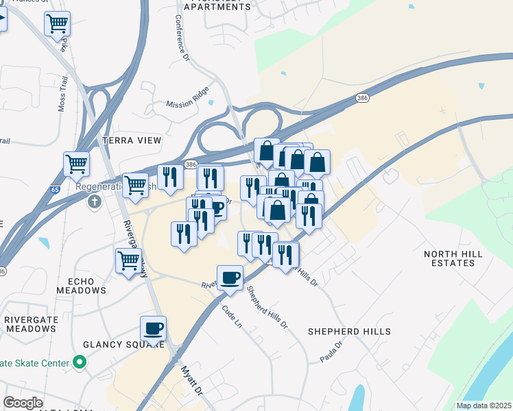 map of restaurants, bars, coffee shops, grocery stores, and more near 2050 Gallatin Pike North in Nashville