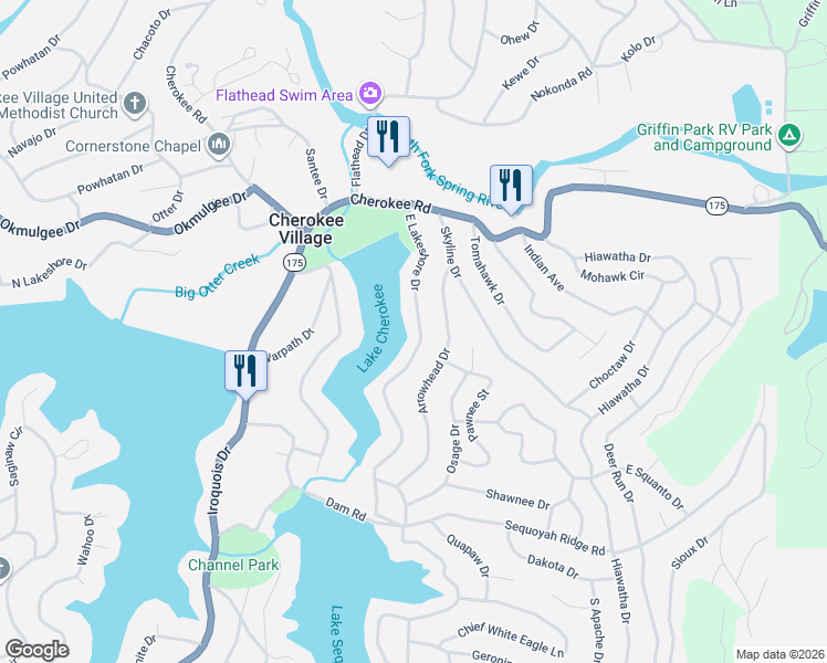 map of restaurants, bars, coffee shops, grocery stores, and more near 40 East Lakeshore Drive in Cherokee Village