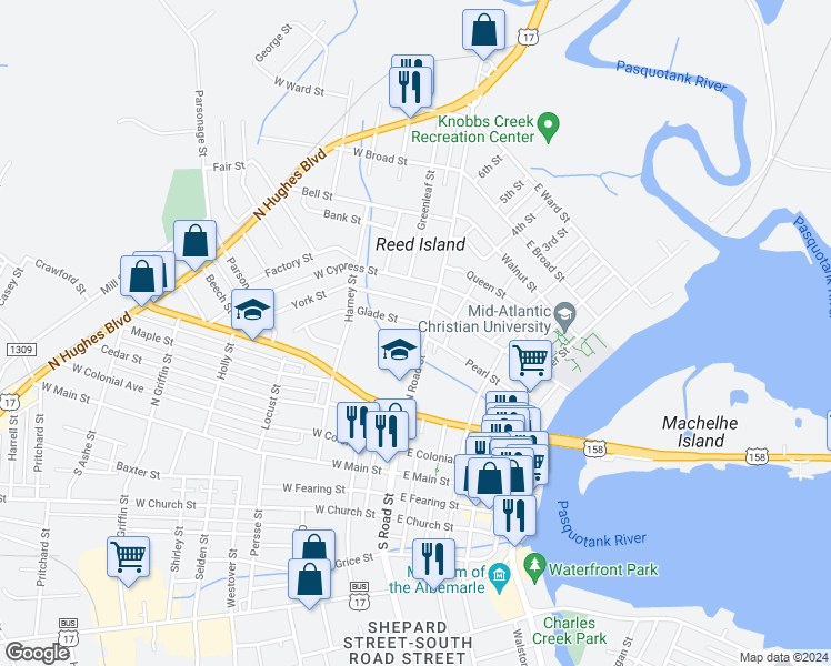 map of restaurants, bars, coffee shops, grocery stores, and more near 501 North Road Street in Elizabeth City