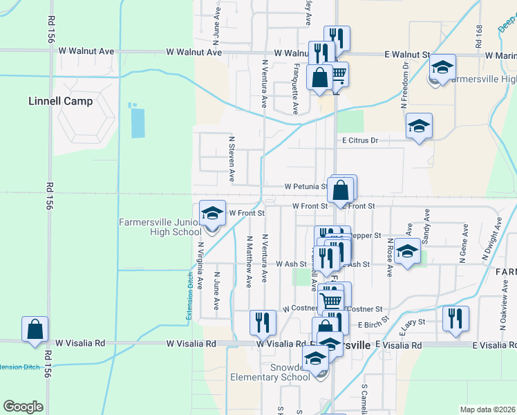 map of restaurants, bars, coffee shops, grocery stores, and more near 642 West Front Street in Farmersville