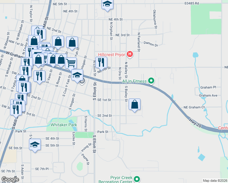 map of restaurants, bars, coffee shops, grocery stores, and more near 15 South Orphan Street in Pryor