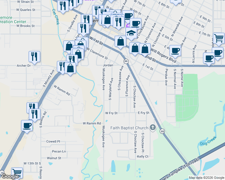 map of restaurants, bars, coffee shops, grocery stores, and more near 611 South Chickasaw Avenue in Claremore