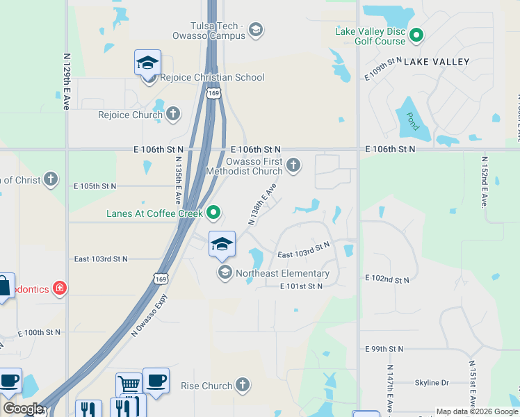 map of restaurants, bars, coffee shops, grocery stores, and more near 13804 East 104th Court North in Owasso