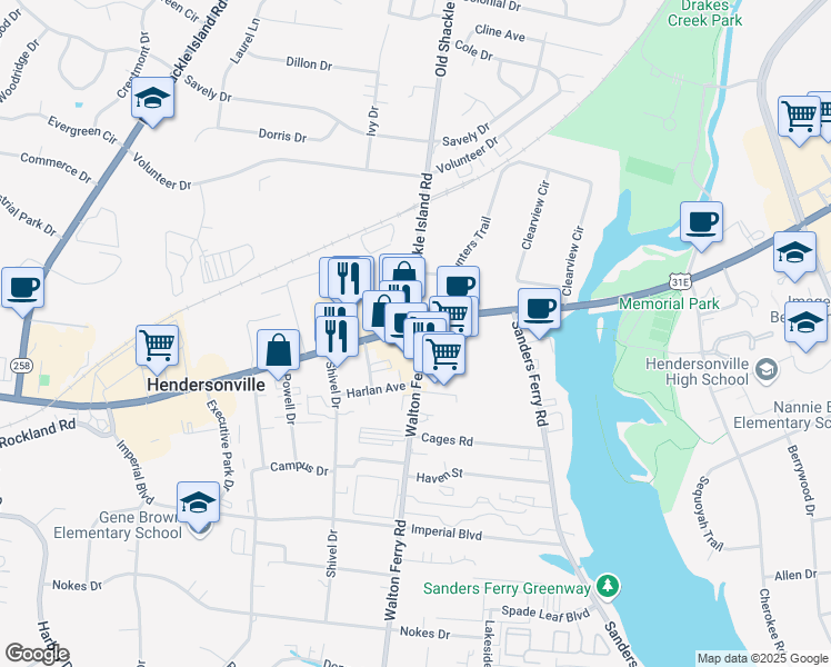 map of restaurants, bars, coffee shops, grocery stores, and more near 239 Johnny Cash Parkway in Hendersonville