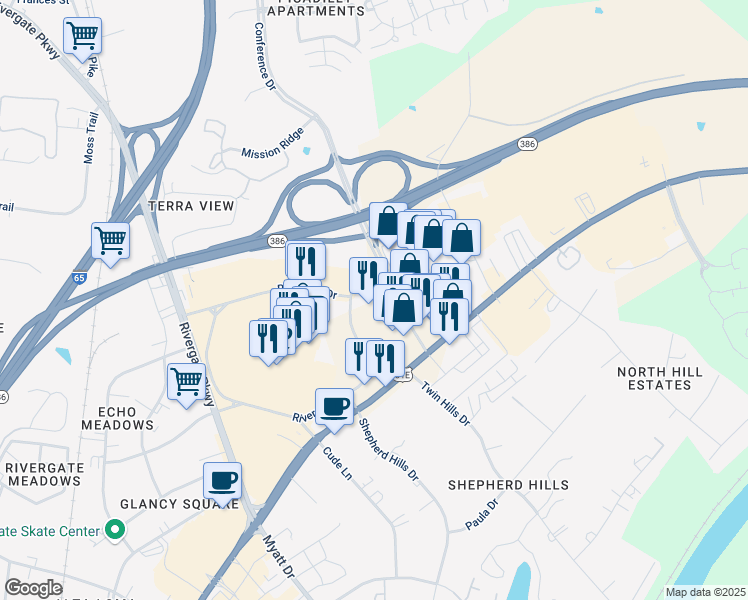 map of restaurants, bars, coffee shops, grocery stores, and more near 2050 Gallatin Pike North in Nashville