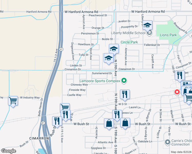 map of restaurants, bars, coffee shops, grocery stores, and more near 1434 Monarch Drive in Lemoore