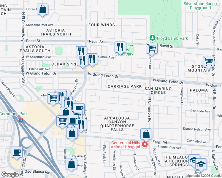 map of restaurants, bars, coffee shops, grocery stores, and more near 8249 Quail Arroyo Avenue in Las Vegas