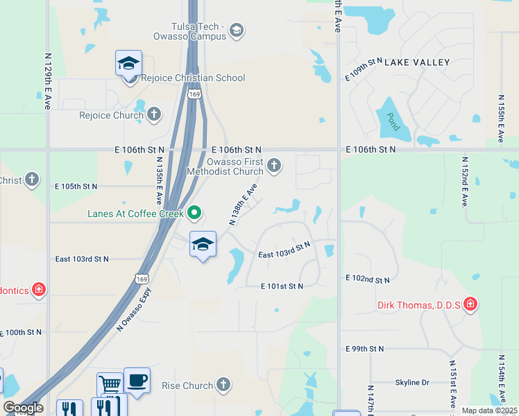 map of restaurants, bars, coffee shops, grocery stores, and more near 10411 N 139th E Ave in Owasso