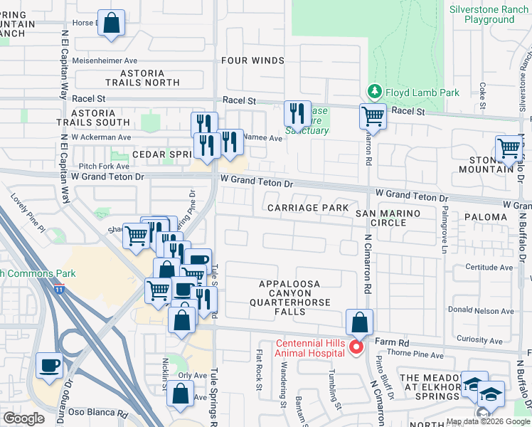 map of restaurants, bars, coffee shops, grocery stores, and more near 8249 Quail Arroyo Avenue in Las Vegas