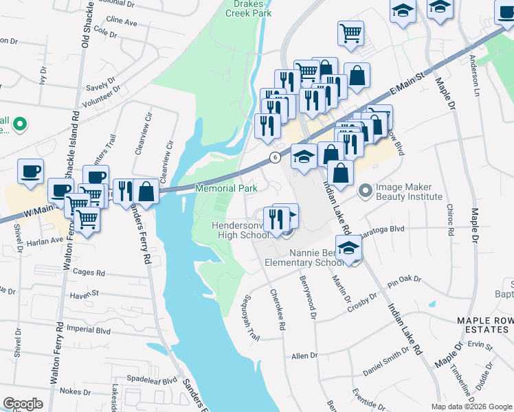map of restaurants, bars, coffee shops, grocery stores, and more near 107 Carriage Way in Hendersonville