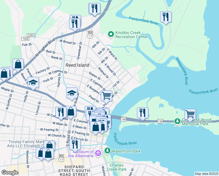 map of restaurants, bars, coffee shops, grocery stores, and more near 707 1st Street in Elizabeth City