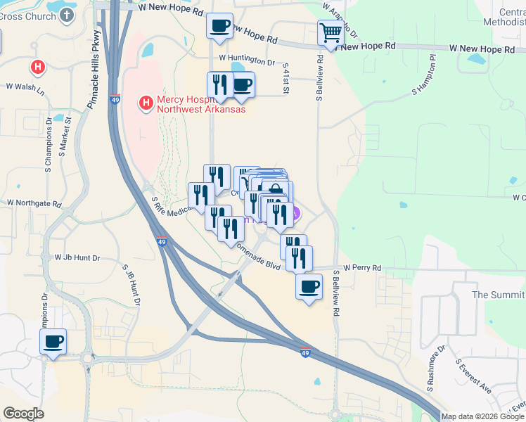 map of restaurants, bars, coffee shops, grocery stores, and more near 2203 South Promenade Boulevard in Rogers