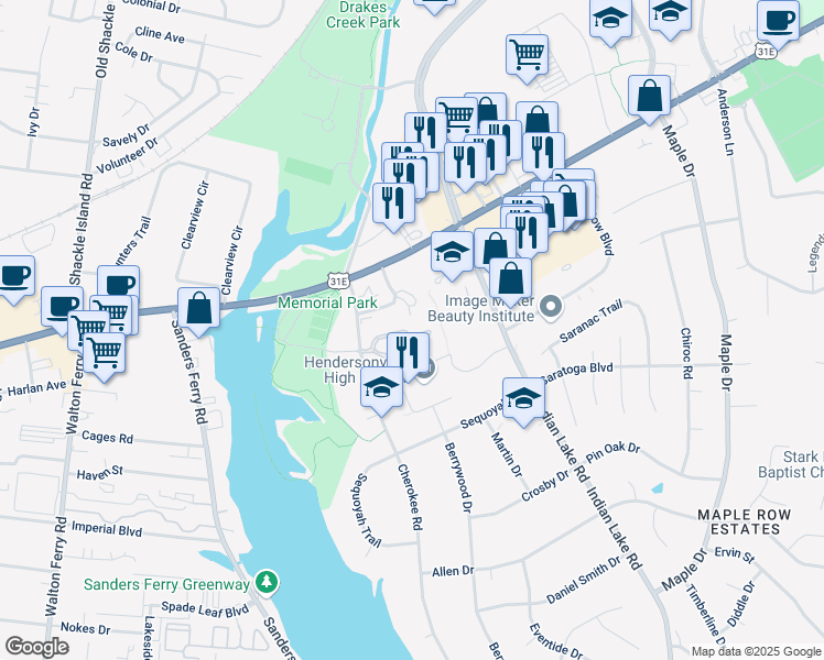 map of restaurants, bars, coffee shops, grocery stores, and more near 101 Carriage Lane in Hendersonville