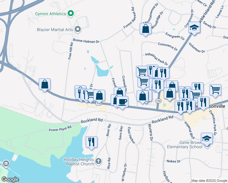 map of restaurants, bars, coffee shops, grocery stores, and more near 109A Forest Retreat Road in Hendersonville