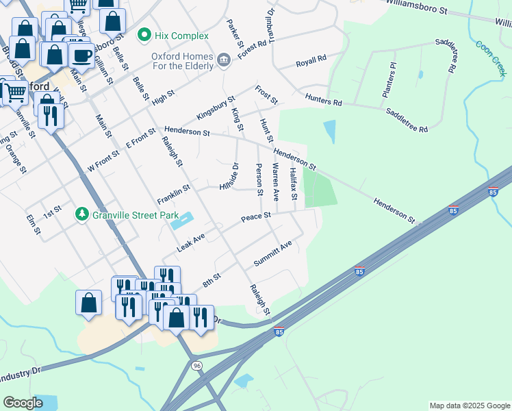 map of restaurants, bars, coffee shops, grocery stores, and more near 111 Peace Street in Oxford