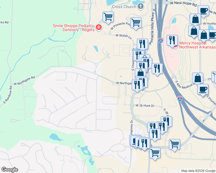 map of restaurants, bars, coffee shops, grocery stores, and more near 5522 West Northgate Road in Rogers