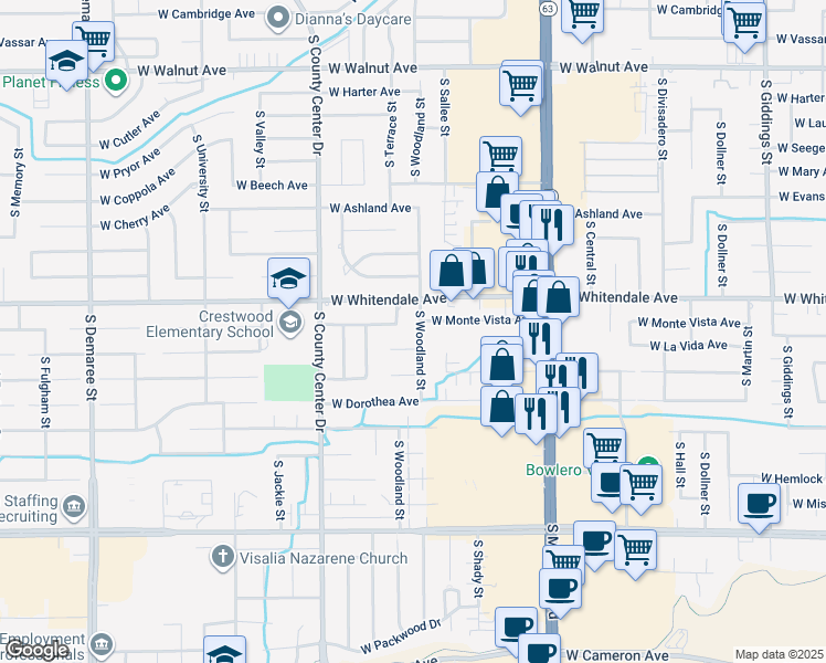 map of restaurants, bars, coffee shops, grocery stores, and more near 2909 South Woodland Street in Visalia