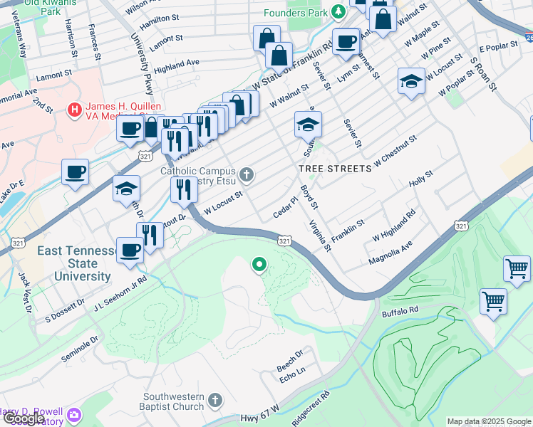 map of restaurants, bars, coffee shops, grocery stores, and more near 1119 Southwest Avenue in Johnson City