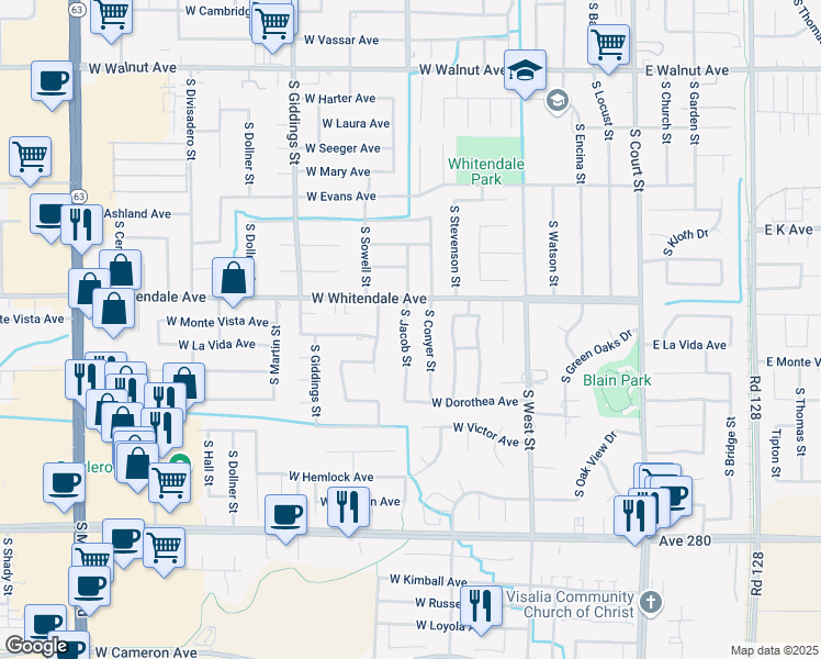 map of restaurants, bars, coffee shops, grocery stores, and more near 2902 South Jacob Street in Visalia