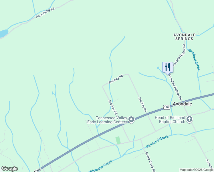 map of restaurants, bars, coffee shops, grocery stores, and more near 438 Smokey Road in Rutledge