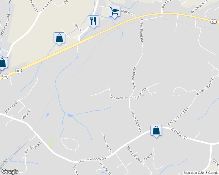map of restaurants, bars, coffee shops, grocery stores, and more near 101 Halfway Court in Johnson City