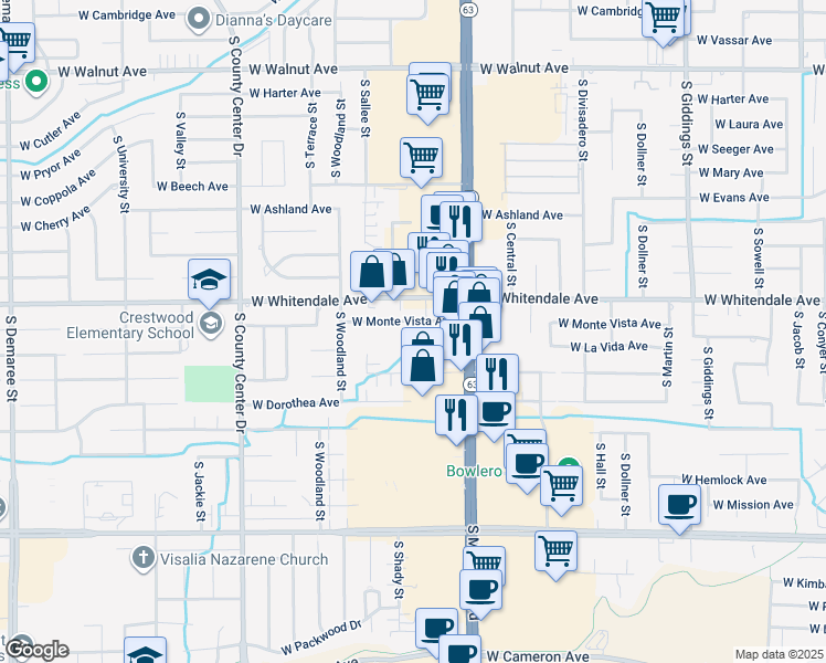 map of restaurants, bars, coffee shops, grocery stores, and more near 2247 West Monte Vista Avenue in Visalia
