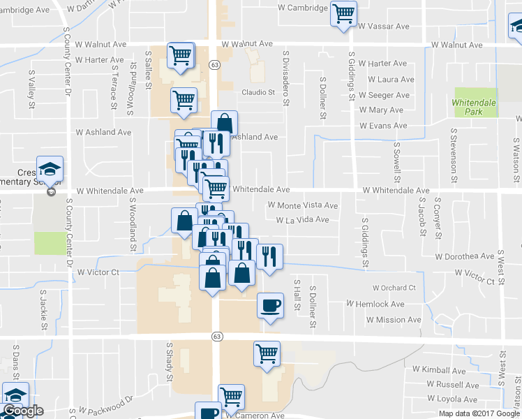 map of restaurants, bars, coffee shops, grocery stores, and more near 2901 South Dayton Street in Visalia