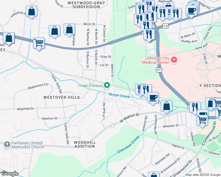 map of restaurants, bars, coffee shops, grocery stores, and more near 103 L P Auer Road in Johnson City