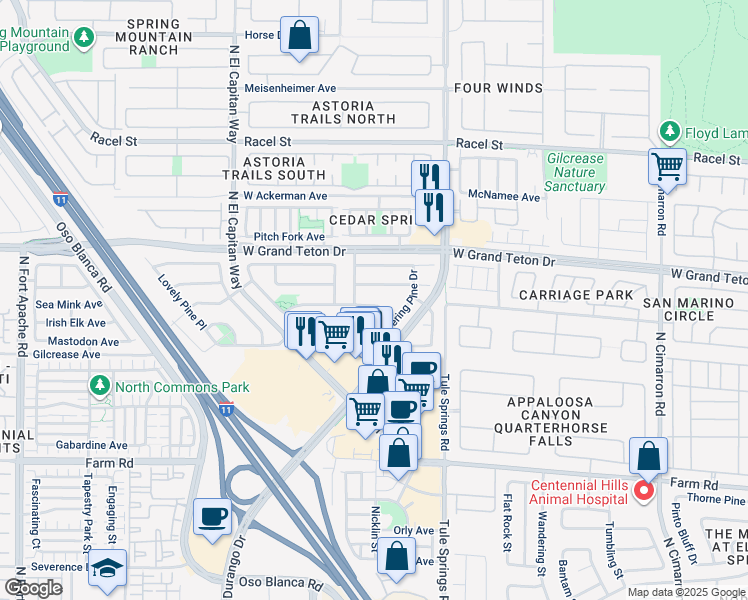 map of restaurants, bars, coffee shops, grocery stores, and more near 8540 Hidden Pines Avenue in Las Vegas