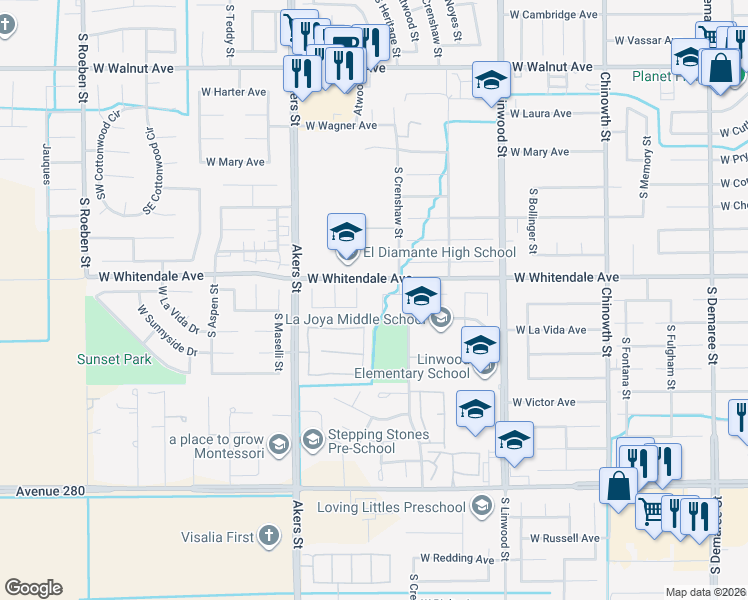 map of restaurants, bars, coffee shops, grocery stores, and more near 2901 South Covington Court in Visalia