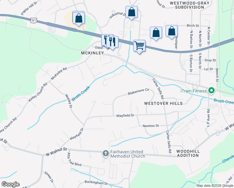 map of restaurants, bars, coffee shops, grocery stores, and more near 168 Blakemore Circle in Johnson City